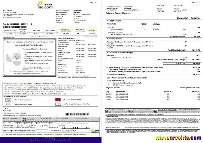 India Tata Indicom mobile utility bill 2 pages